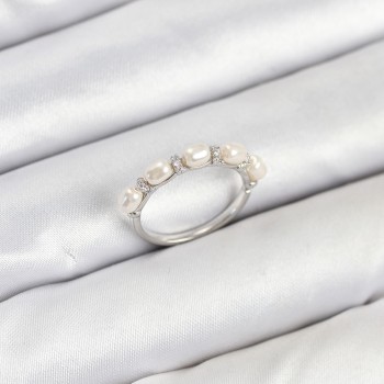 Pirinç Gümüş Renk Sıralı İncili Kadın Yüzük