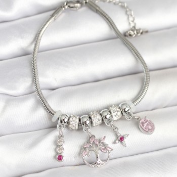 Pirinç Gümüş Renk Yaşam Ağacı Charmlı Kadın Bileklik