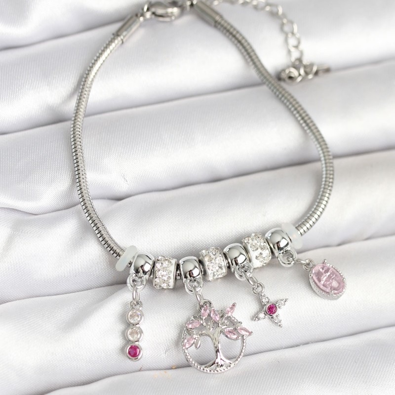 Pirinç Gümüş Renk Yaşam Ağacı Charmlı Kadın Bileklik