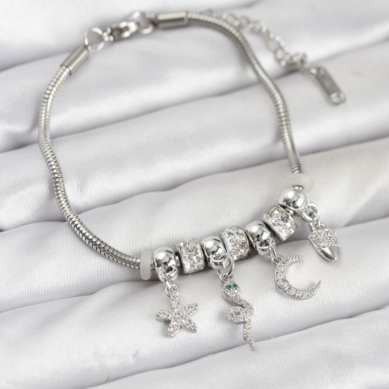 Pirinç Gümüş Renk Yılan Charmlı Kadın Bileklik