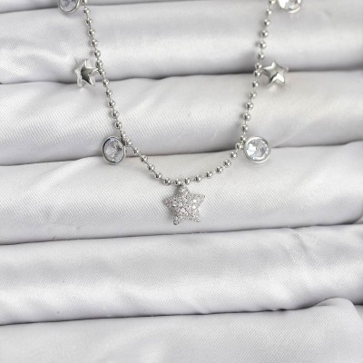 Pirinç Gümüş Renk Yıldız Model Kadın Kolye