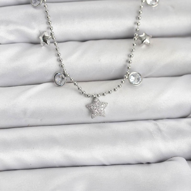Pirinç Gümüş Renk Yıldız Model Kadın Kolye