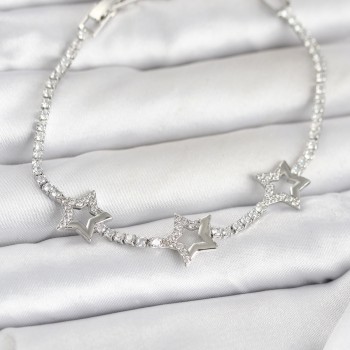 Pirinç Gümüş Renk Yıldız Model Zirkon Taşlı Su Yolu Kadın Bileklik