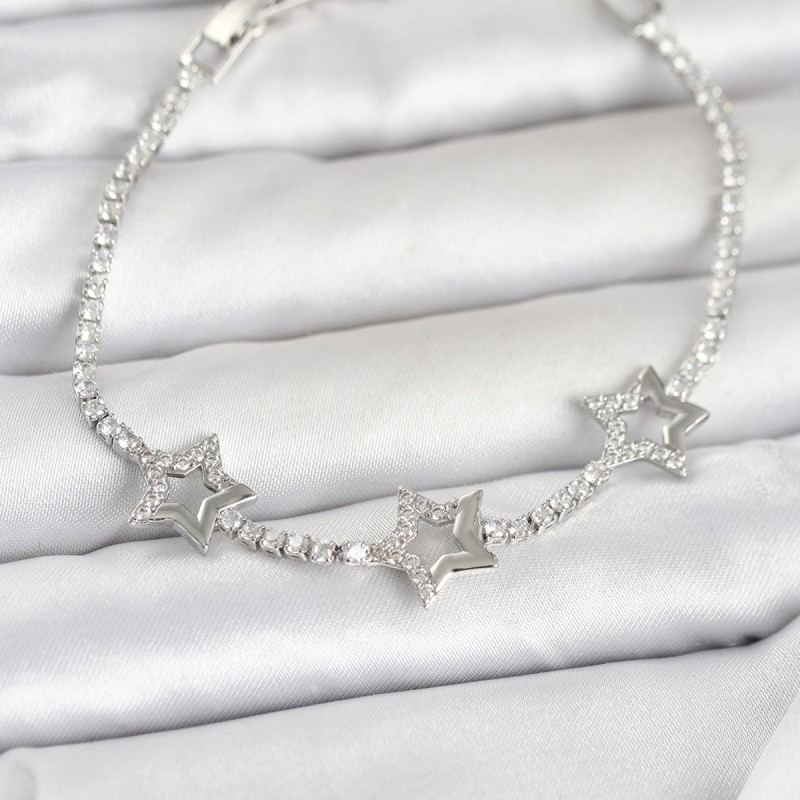 Pirinç Gümüş Renk Yıldız Model Zirkon Taşlı Su Yolu Kadın Bileklik