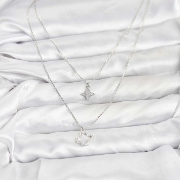 Pirinç Gümüş Renk Yonca Model 2'li Kadın Kolye