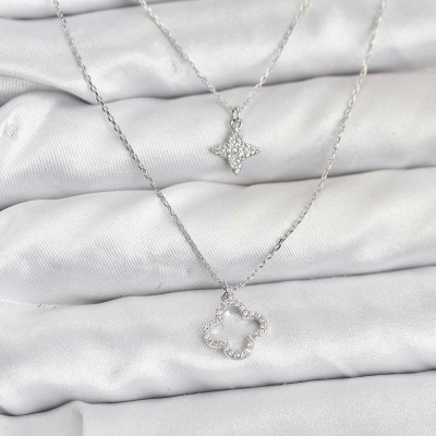Pirinç Gümüş Renk Yonca Model 2'li Kadın Kolye