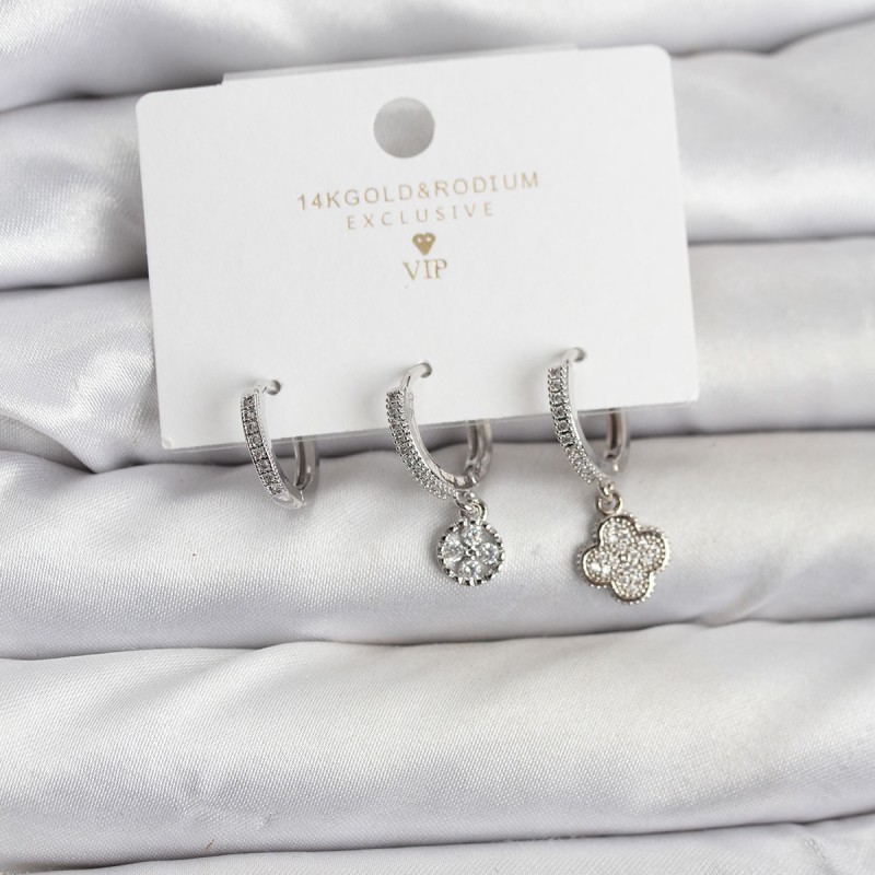 Pirinç Gümüş Renk Yonca Model 3'lü Kadın Küpe Seti