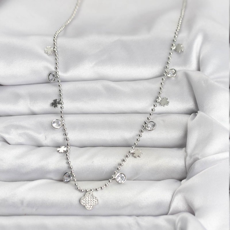 Pirinç Gümüş Renk Yonca Model Kadın Kolye