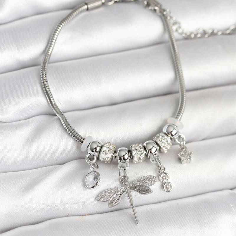 Pirinç Gümüş Renk Yusufçuk Charmlı Kadın Bileklik