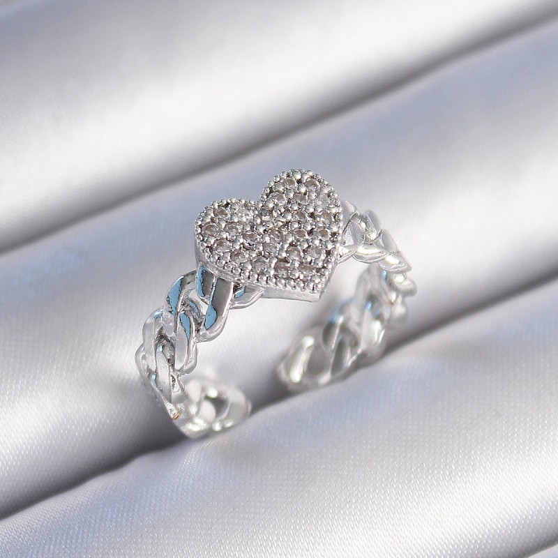 Pirinç Gümüş Renk Zincir Kordon Zirkon Taşlı Kalp Model Kadın Yüzük