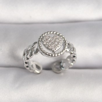 Pirinç Gümüş Renk Zincir Model Zirkon Taşlı Kalp Kadın Yüzük