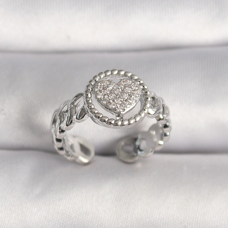 Pirinç Gümüş Renk Zincir Model Zirkon Taşlı Kalp Kadın Yüzük