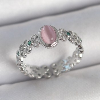 Pirinç Gümüş Renk Zirkon Taş Detaylı Pembe Mineli Damla Model Ayarlanabilir Kadın Yüzük