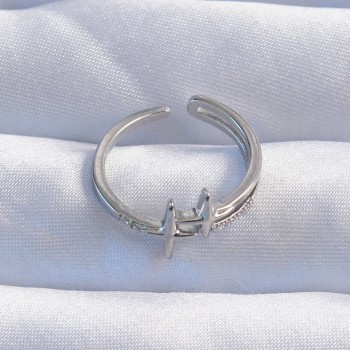 Pirinç Gümüş Renk Zirkon Taşlı 2li Görünüm Ayarlanabilir Yıldız Model Yüzük