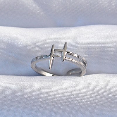 Pirinç Gümüş Renk Zirkon Taşlı 2li Görünüm Ayarlanabilir Yıldız Model Yüzük