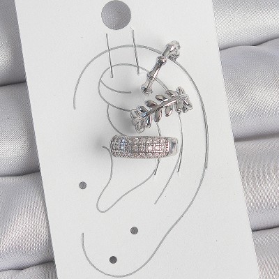 Pirinç Gümüş Renk Zirkon Taşlı 3'Lü Model Yaprak Figür Kadın Kıkırdak Küpe