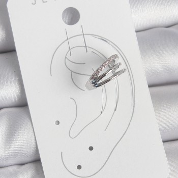 Pirinç Gümüş Renk Zirkon Taşlı 3'Lü Sıralı Model Kadın Kıkırdak Küpe