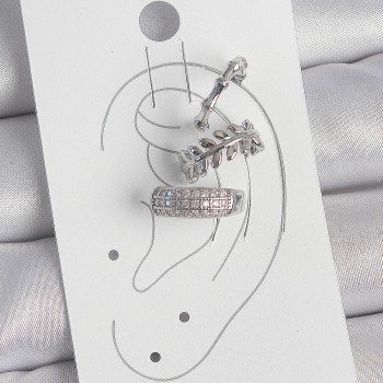 Pirinç Gümüş Renk Zirkon Taşlı 3'Lü Model Yaprak Figür Kadın Kıkırdak Küpe