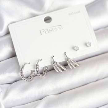 Pirinç Gümüş Renk Zirkon Taşlı 925 Gümüş Çivili Kadın Küpe Seti