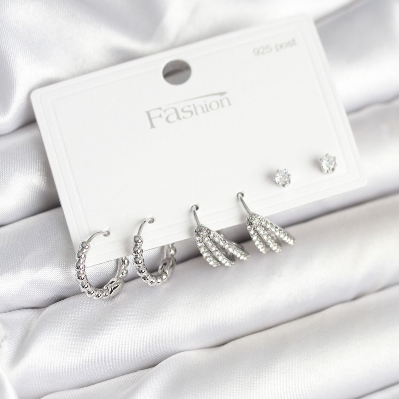 Pirinç Gümüş Renk Zirkon Taşlı 925 Gümüş Çivili Kadın Küpe Seti