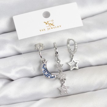 Pirinç Gümüş Renk Zirkon Taşlı Ay ve Yıldız Model YSX Trio Küpe Seti