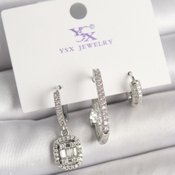 Pirinç Gümüş Renk Zirkon Taşlı Baget Halka Model 3'Lü Kadın Kombin Küpe