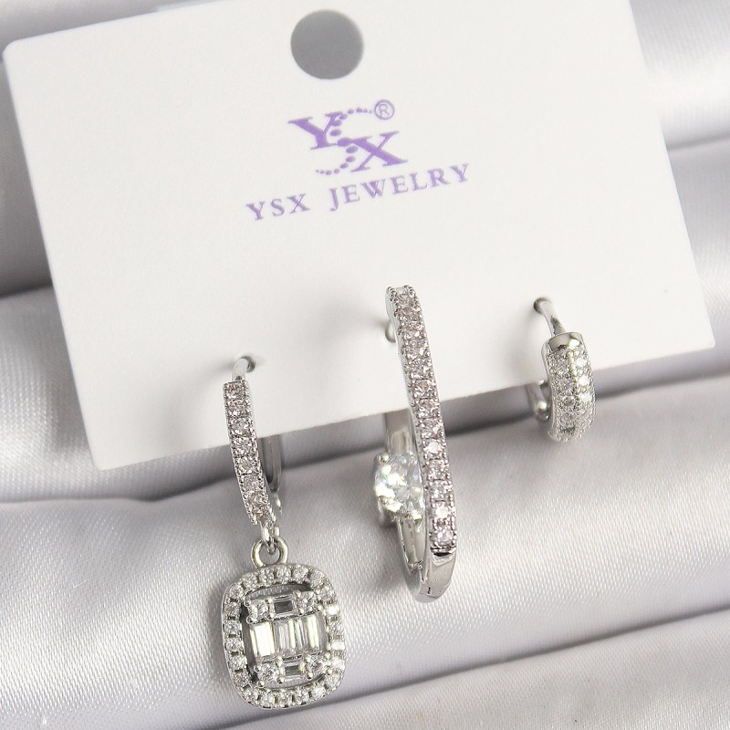 Pirinç Gümüş Renk Zirkon Taşlı Baget Halka Model 3'Lü Kadın Kombin Küpe