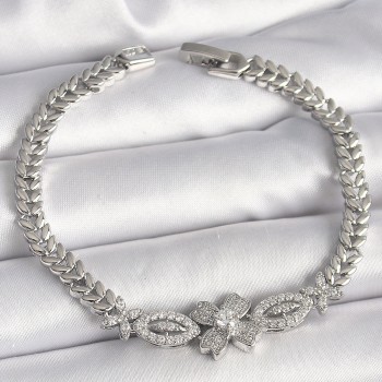 Pirinç Gümüş Renk Zirkon Taşlı Çiçek Figür Arpa Zincir Model Kadın Bileklik