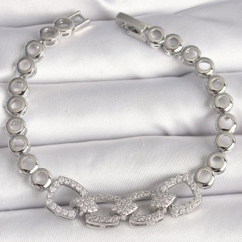 Pirinç Gümüş Renk Zirkon Taşlı Daire Zincir Model Kadın Bileklik