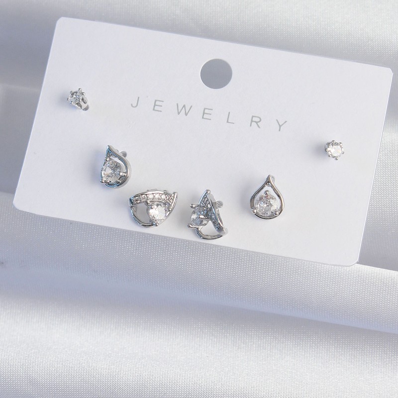 Pirinç Gümüş Renk Zirkon Taşlı Damla Model Küpe Seti