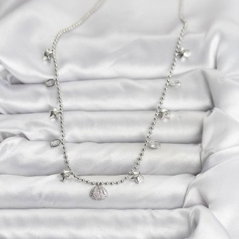 Pirinç Gümüş Renk Zirkon Taşlı Deniz Kabuğu Model Kadın Kolye