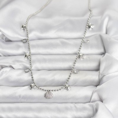 Pirinç Gümüş Renk Zirkon Taşlı Deniz Kabuğu Model Kadın Kolye