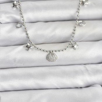 Pirinç Gümüş Renk Zirkon Taşlı Deniz Kabuğu Model Kadın Kolye