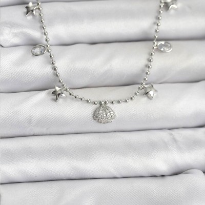 Pirinç Gümüş Renk Zirkon Taşlı Deniz Kabuğu Model Kadın Kolye