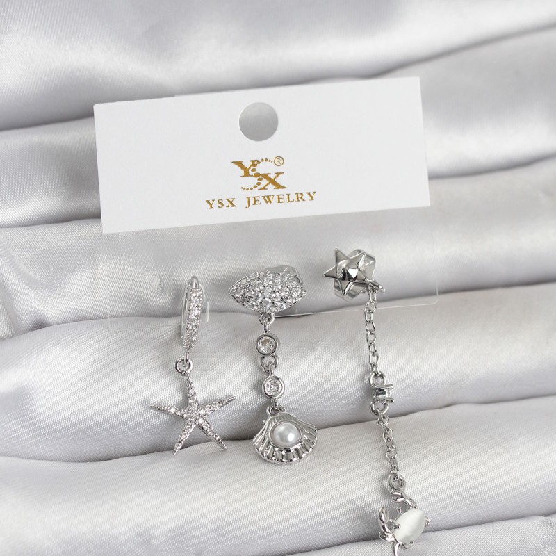 Pirinç Gümüş Renk Zirkon Taşlı Deniz Temalı 3'lü Kadın Küpe