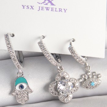 Pirinç Gümüş Renk Zirkon Taşlı Fatma Ana Yonca Figür Göz Detay 3'Lü Kadın Kombin Küpe