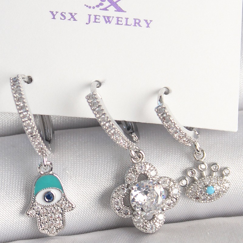 Pirinç Gümüş Renk Zirkon Taşlı Fatma Ana Yonca Figür Göz Detay 3'Lü Kadın Kombin Küpe