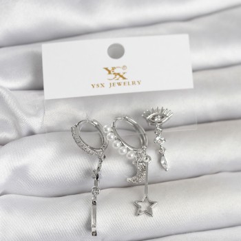 Pirinç Gümüş Renk Zirkon Taşlı Gece Temalı 3'lü Kadın Küpe