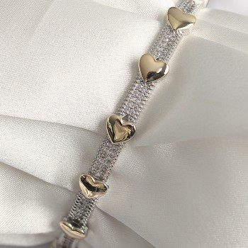 Pirinç Gümüş Renk Zirkon Taşlı Gold Kalpli VIP Seri Kadın Bileklik