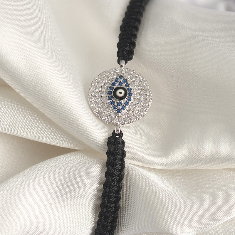 Pirinç Gümüş Renk Zirkon Taşlı Göz İşlemeli Figür Asansörlü Makrome Model Kadın Bileklik