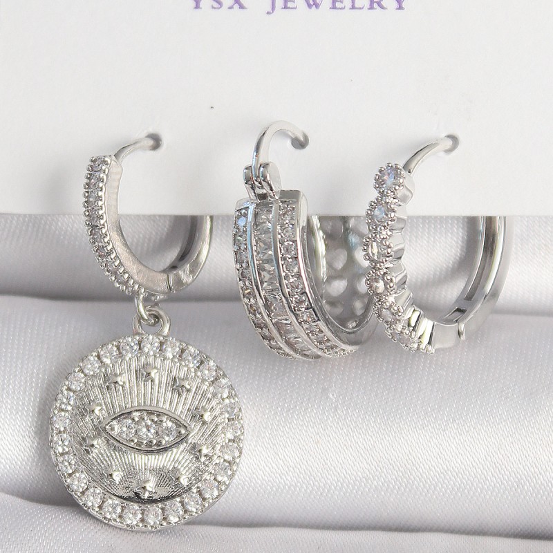 Pirinç Gümüş Renk Zirkon Taşlı Göz İşlemeli Halka Model 3'Lü Kadın Kombin Küpe