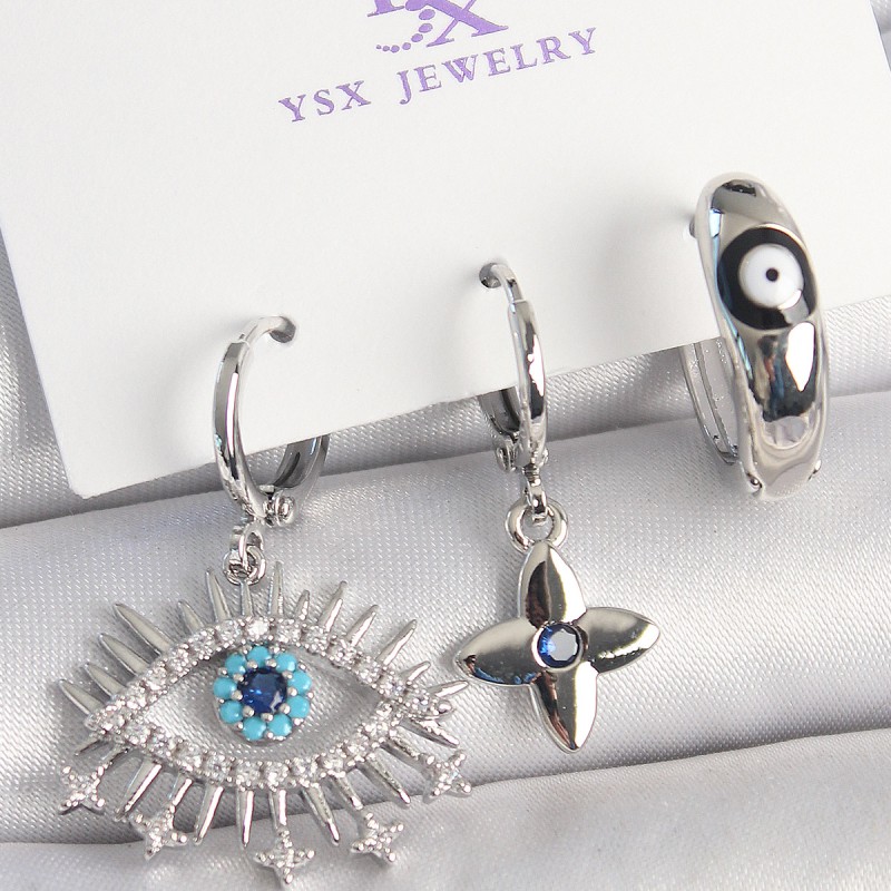 Pirinç Gümüş Renk Zirkon Taşlı Göz Model Nazar Boncuk Detay 3'Lü Kadın Kombin Küpe