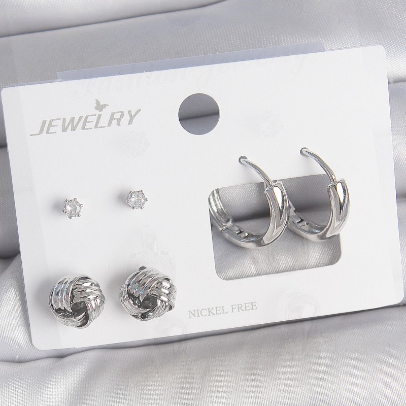 Pirinç Gümüş Renk Zirkon Taşlı Halka Model 3 Çift Kadın Küpe Seti