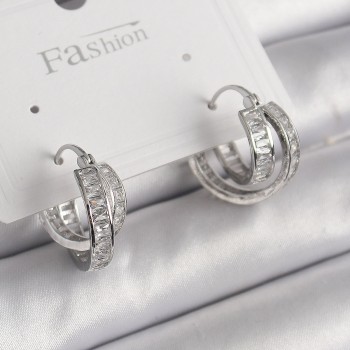 Pirinç Gümüş Renk Zirkon Taşlı Halka Model Kadın Küpe