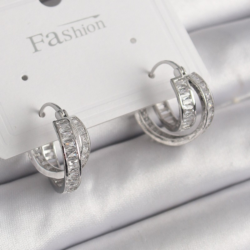 Pirinç Gümüş Renk Zirkon Taşlı Halka Model Kadın Küpe