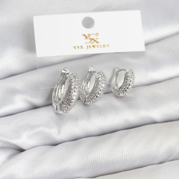 Pirinç Gümüş Renk Zirkon Taşlı Halka Model YSX Trio Küpe Seti