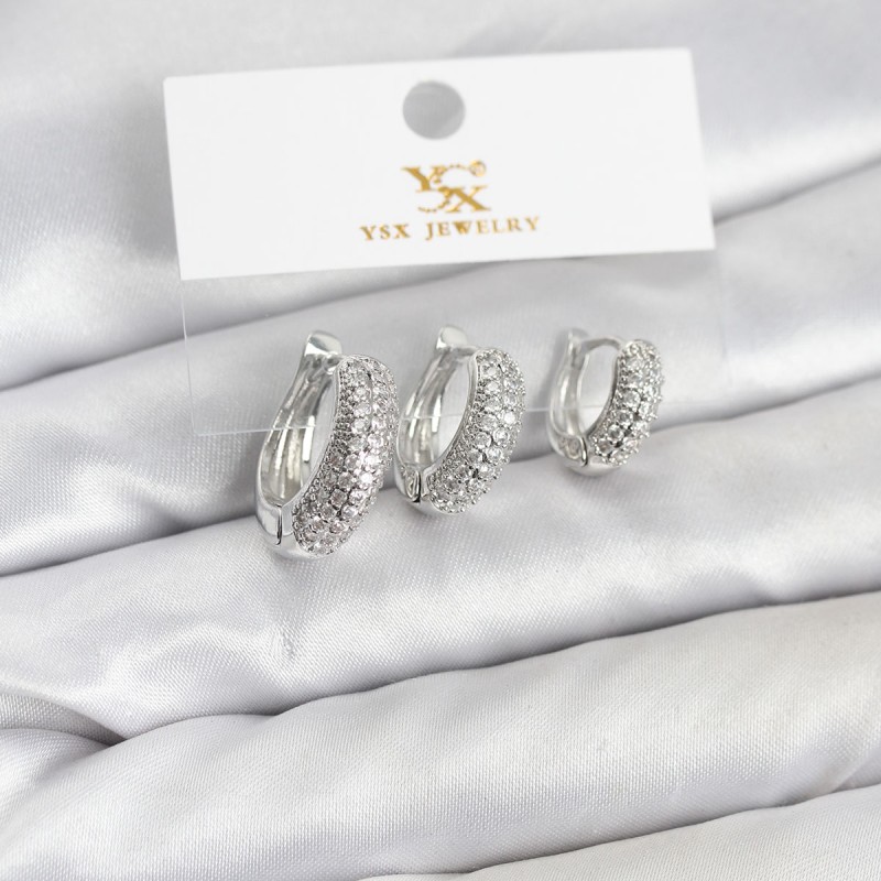 Pirinç Gümüş Renk Zirkon Taşlı Halka Model YSX Trio Küpe Seti