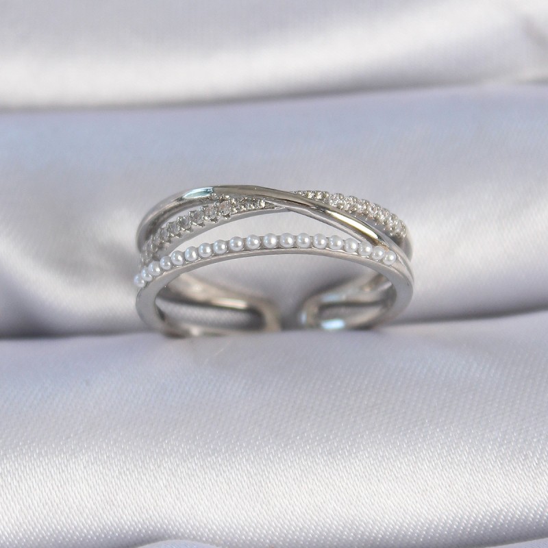 Pirinç Gümüş Renk Zirkon Taşlı İnci Detay Kadın Yüzük