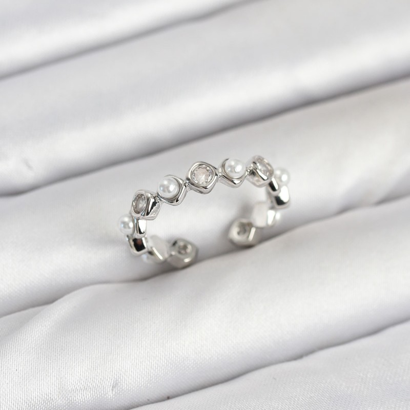 Pirinç Gümüş Renk Zirkon Taşlı İncili Kadın Yüzük