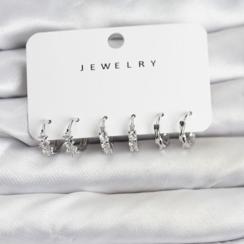 Pirinç Gümüş Renk Zirkon Taşlı Kadın Küpe Seti